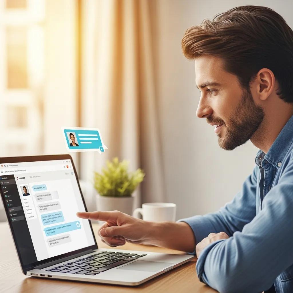 Small business owner using AI virtual assistant on laptop for customer engagement