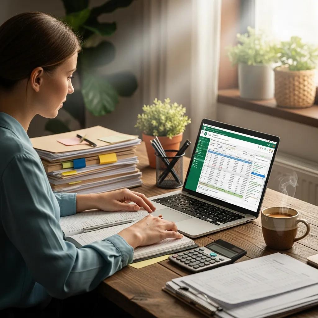 Small business owner using QuickBooks in a cozy workspace