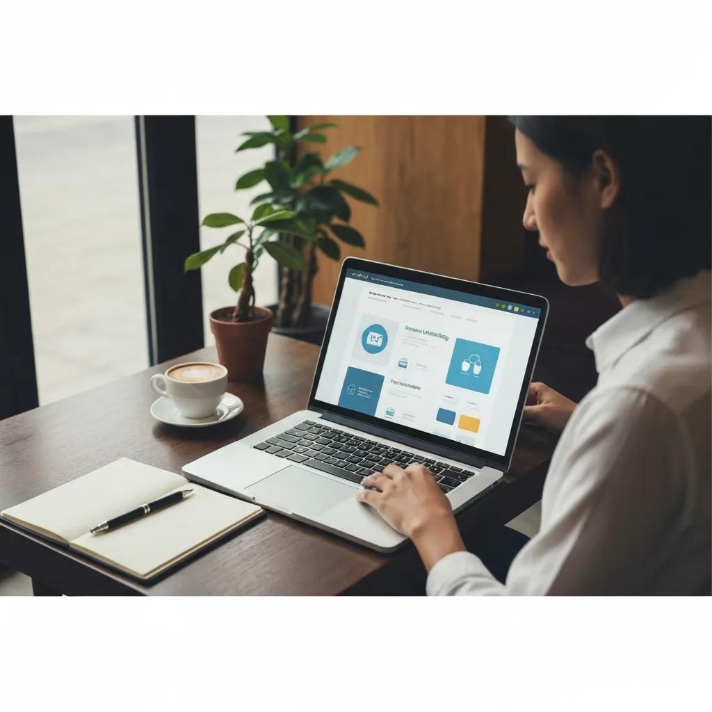 Small business owner working on AI search optimization in a cozy café