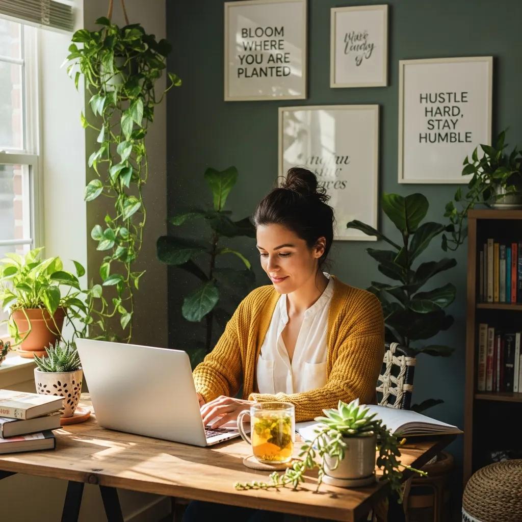Small business owner working on SEO strategies in a bright office setting
