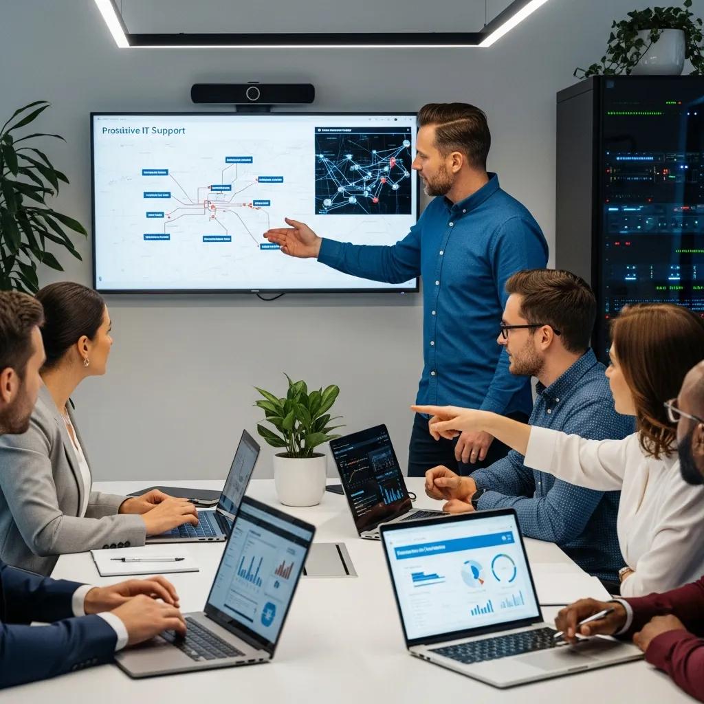 Small business team discussing proactive IT support in a modern office setting