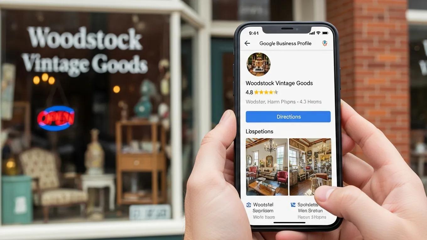 Smartphone displaying Google Business Profile for a local Woodstock business