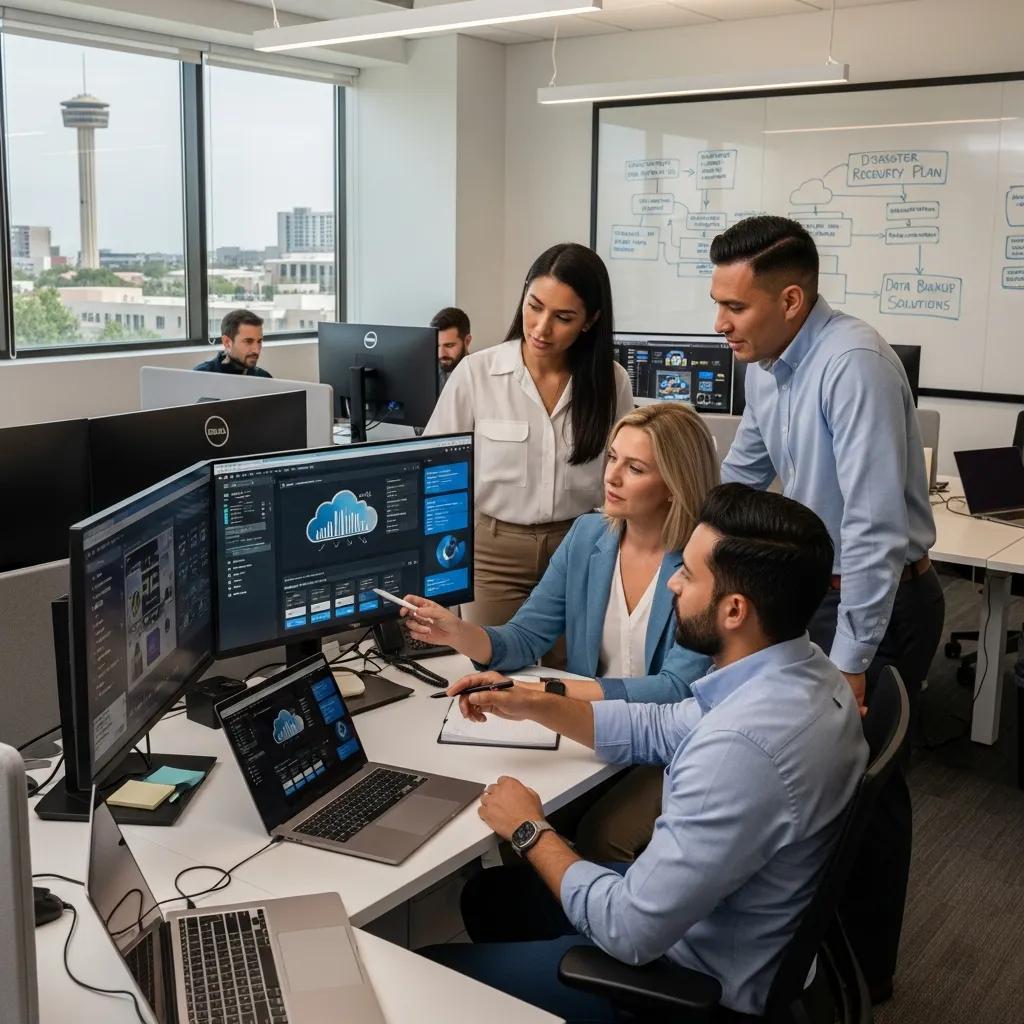 SMB office environment in San Antonio focused on disaster recovery solutions with employees collaborating over technology