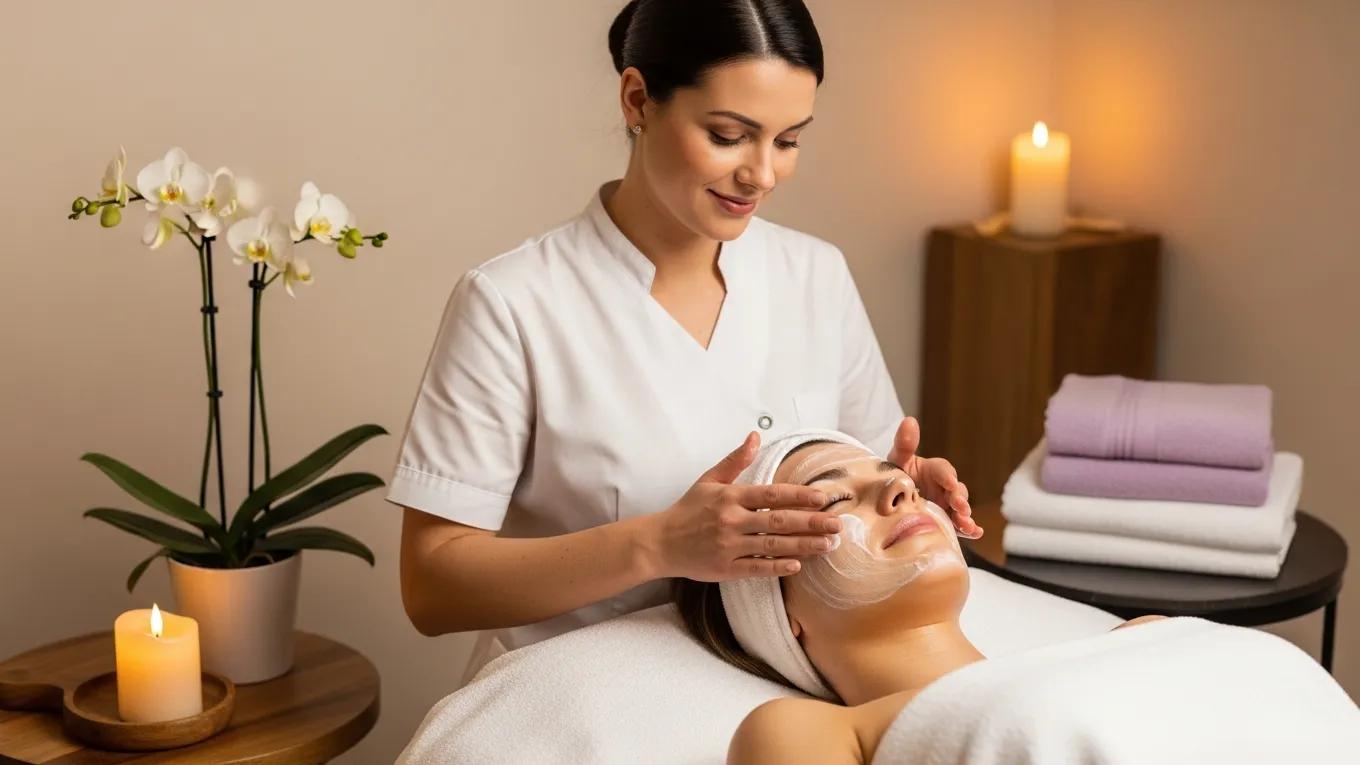 Spa setting with esthetician preparing client for facial treatment, highlighting skincare and relaxation
