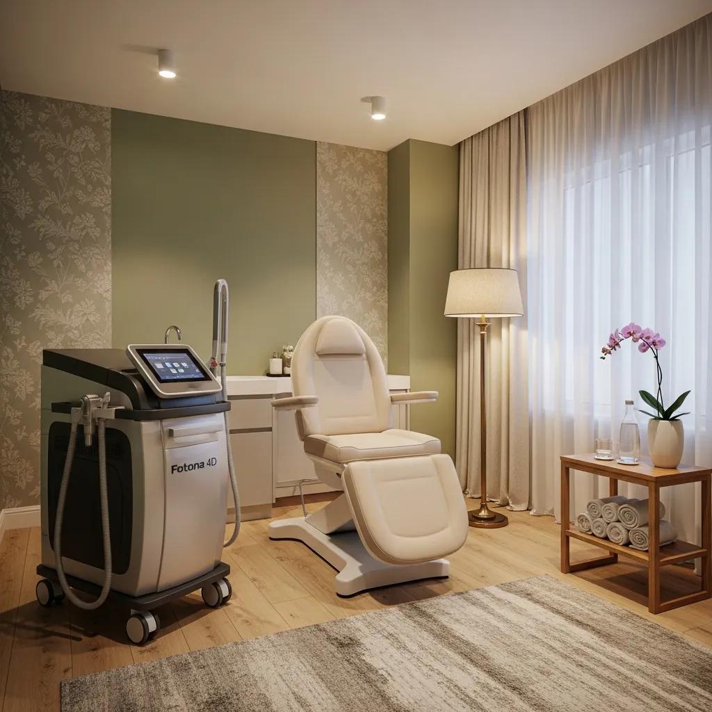 Spa treatment room with Fotona 4D laser device, emphasizing skin rejuvenation