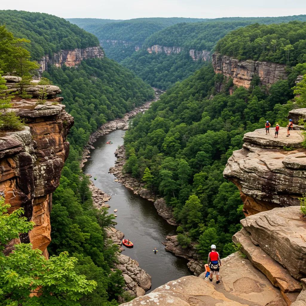 Stunning view of New River Gorge with adventurers rafting and climbing, highlighting outdoor adventures in West Virginia
