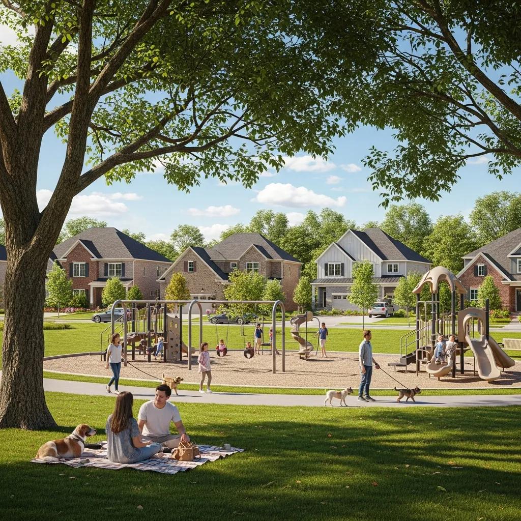 Suburban neighborhood in Hiram, Georgia with families and parks