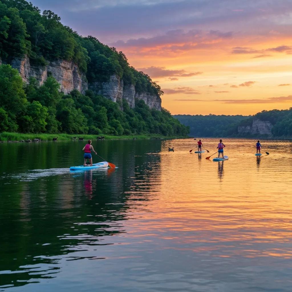Sunset paddle boarders on the New River Gorge with vibrant sky reflections