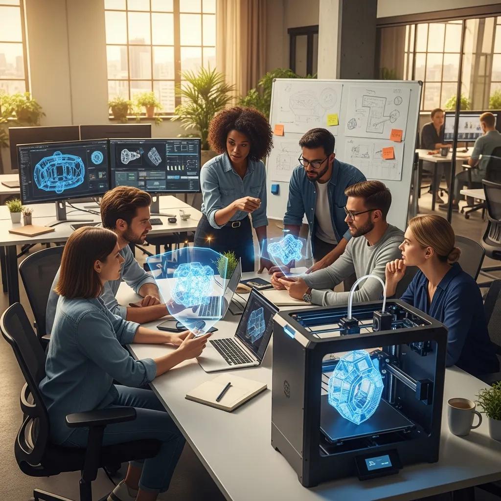 Team collaborating on 3D prototype in a modern workspace