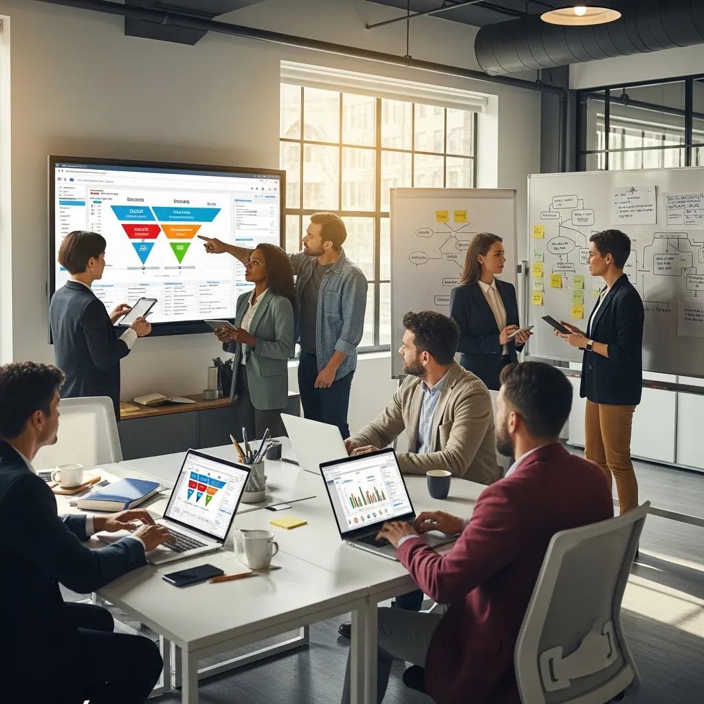 Team collaborating on B2B outreach strategies in a modern office setting