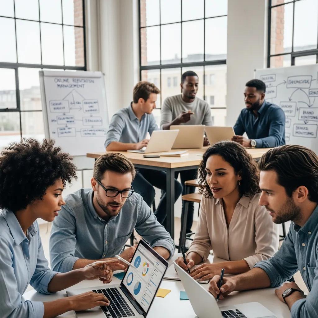 Team collaboration on online reputation management strategies in a modern office
