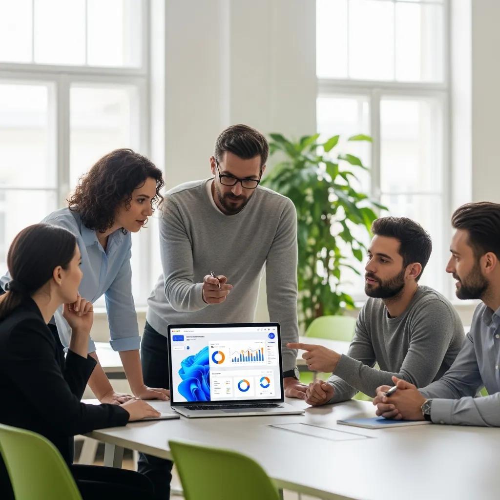 Team collaboration using CRM automation software in a modern office