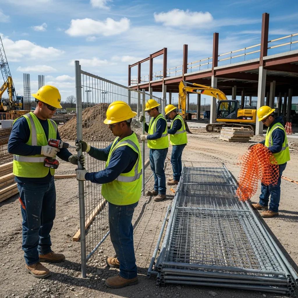 Team dismantling temporary fence at construction site, showcasing safety and efficiency