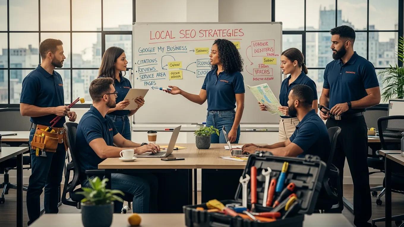 Team of home service professionals collaborating on local SEO strategies in a modern office