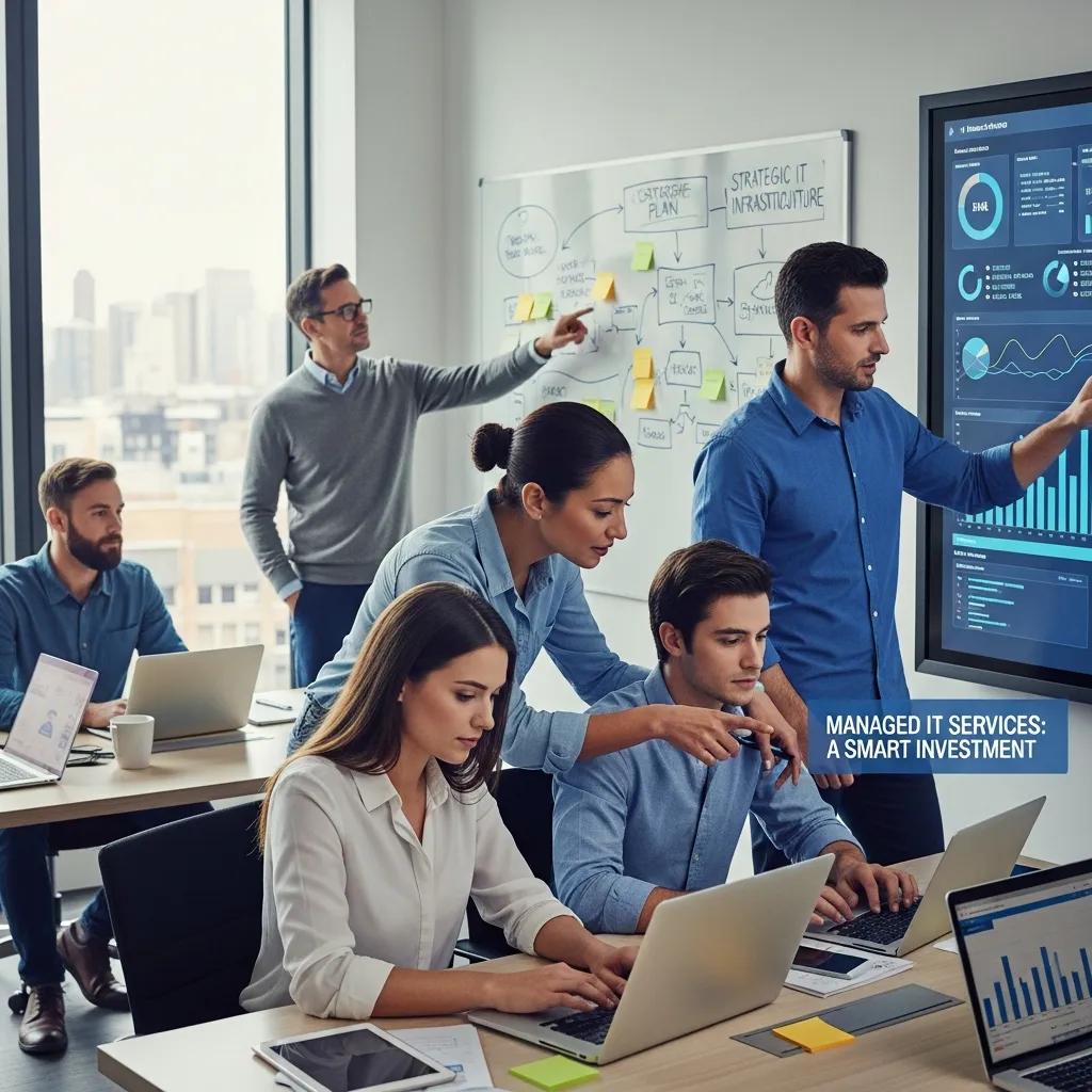 Team of IT professionals collaborating in a modern office, emphasizing managed IT services