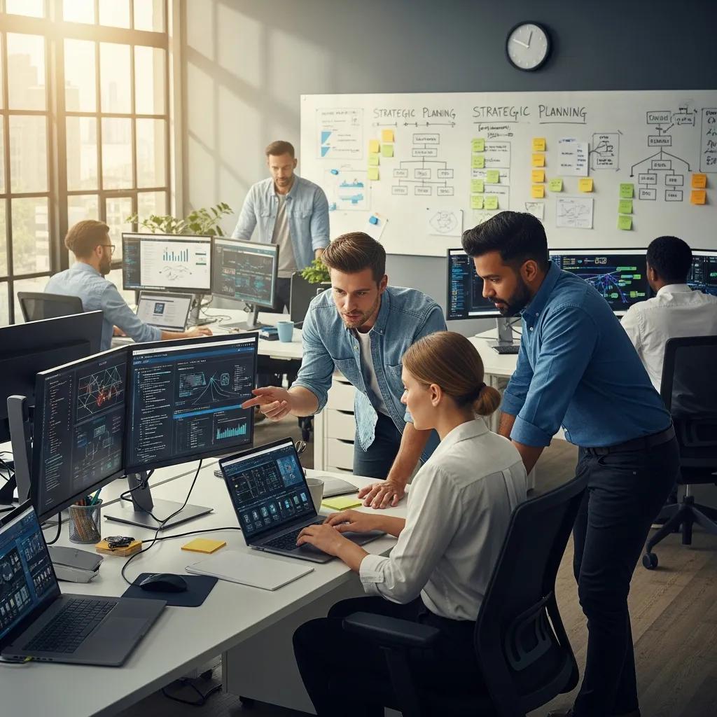 Team of IT professionals collaborating on proactive IT management strategies in a modern office