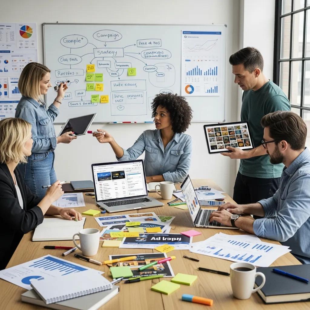 Team of marketers collaborating on Facebook ads strategy in a modern office