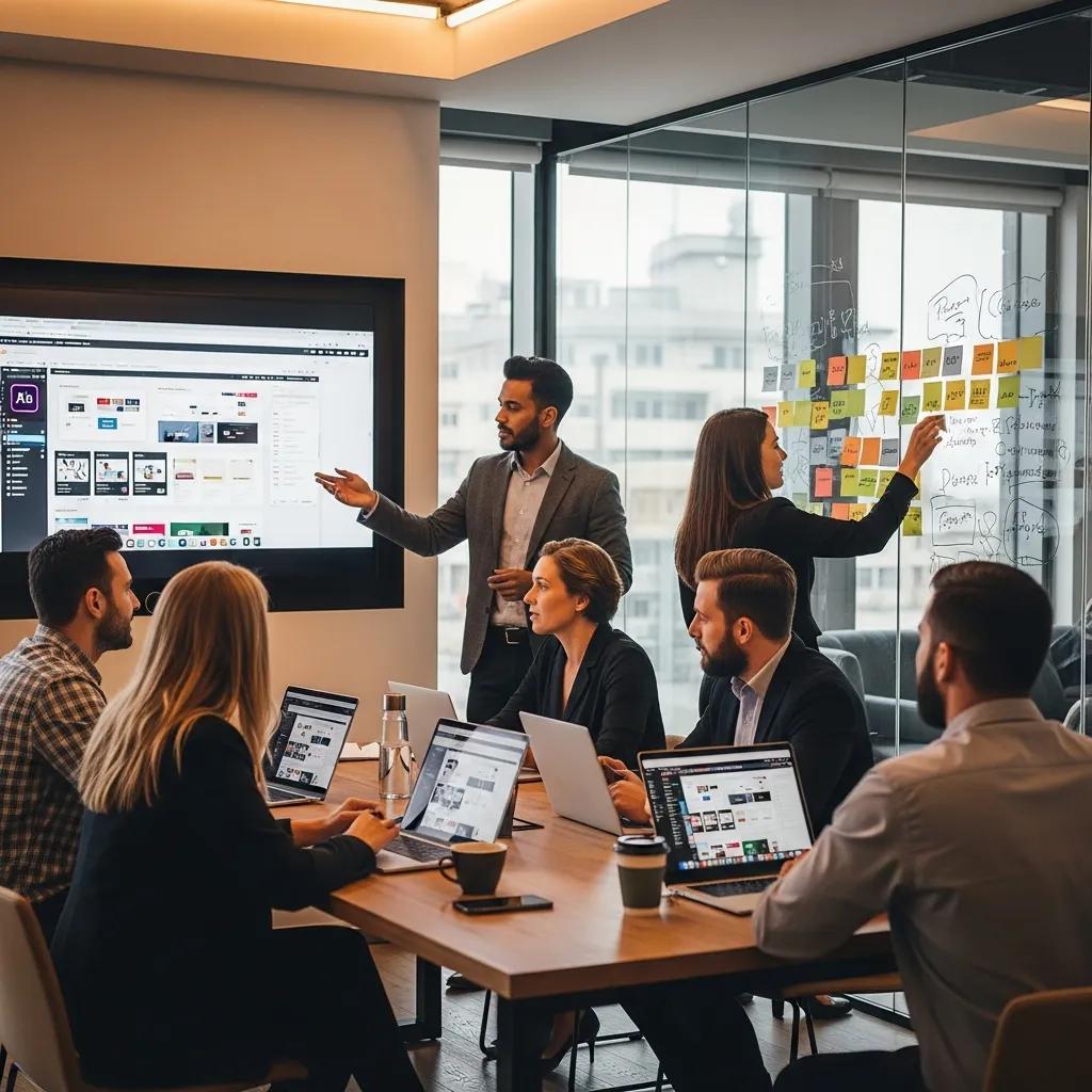 Team of professionals collaborating on a website redesign in a modern office setting