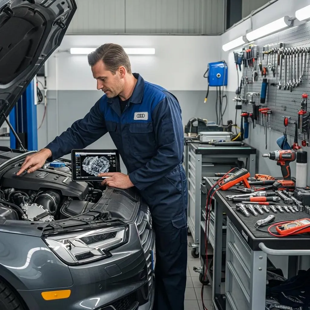 Technician repairing an Audi in a professional auto repair shop
