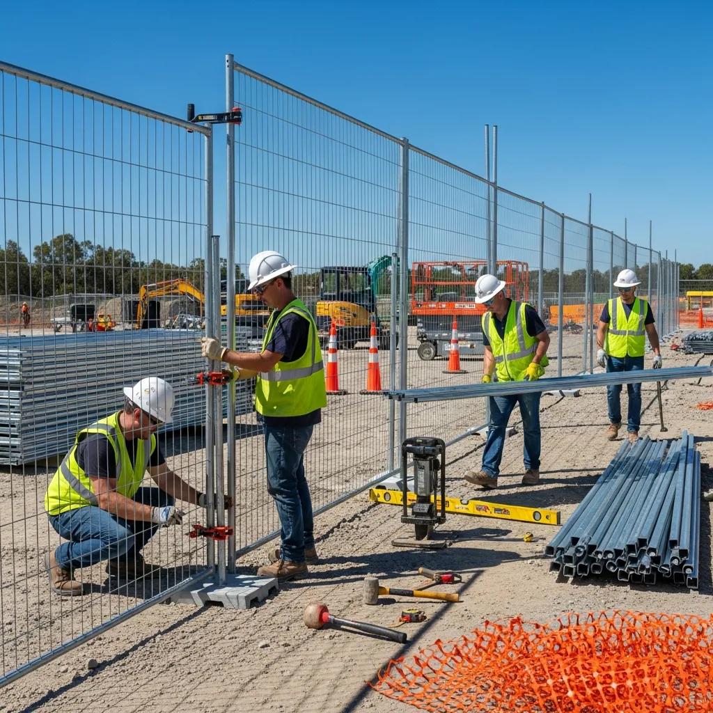 Temporary fence installation at a construction site with workers setting up for safety and security