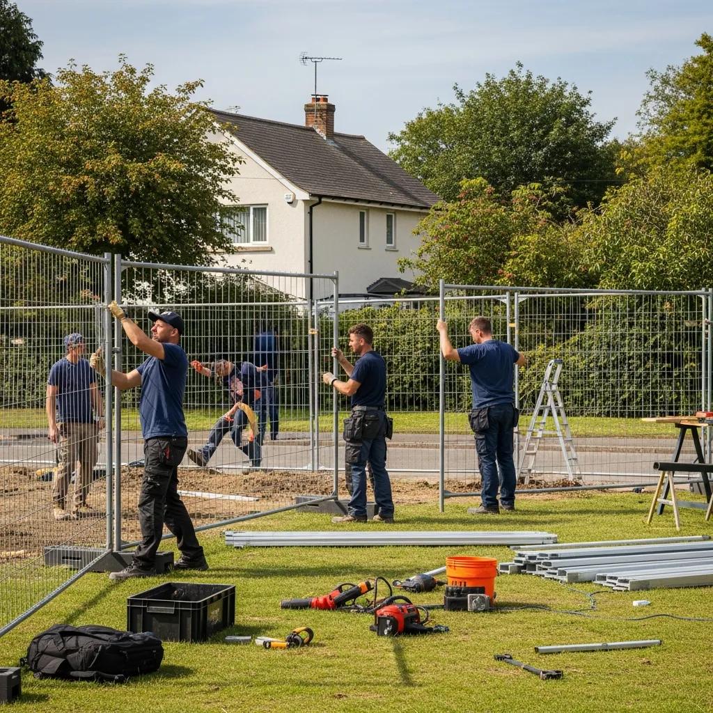 Temporary fence installation at a residential site with workers and tools