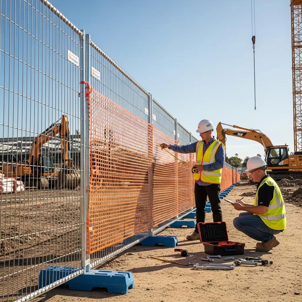Temporary fence maintenance at a construction site with workers inspecting the fence