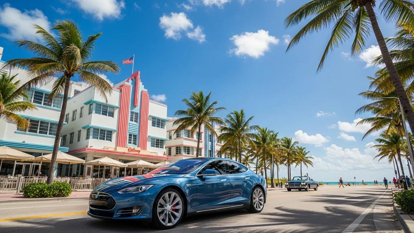 Tesla rental in Miami with a scenic backdrop of palm trees and a beach