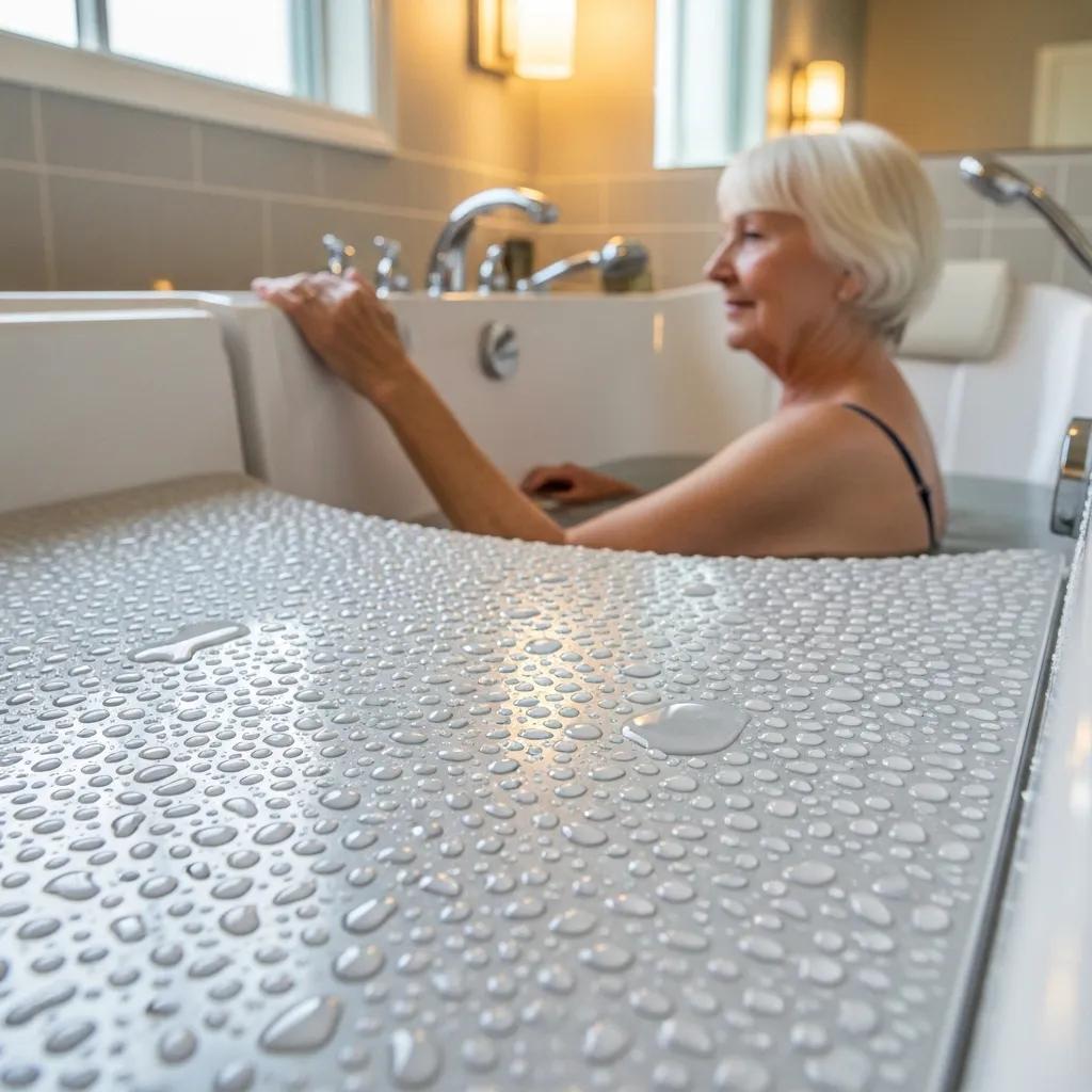 Textured anti-slip flooring in a walk-in tub, showing traction for safer footing