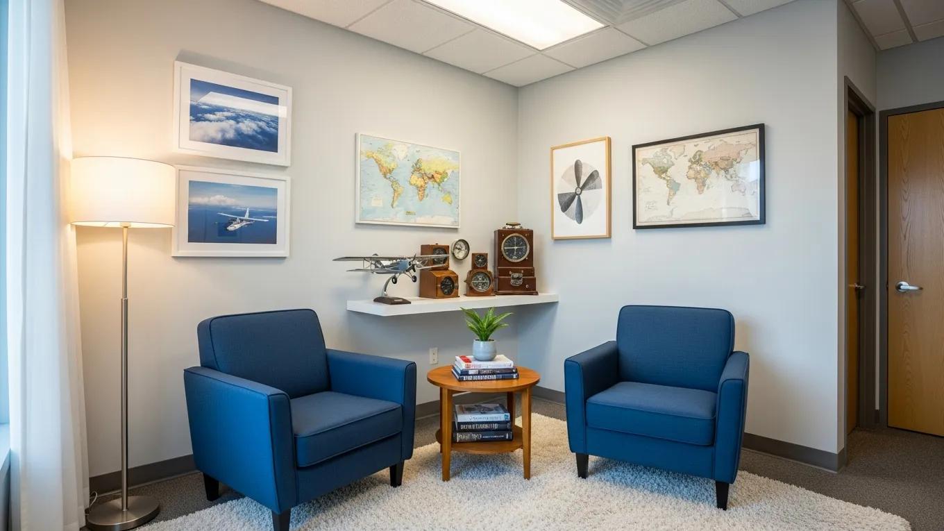 Therapy office for aviation professionals with aviation-themed decor and comfortable seating