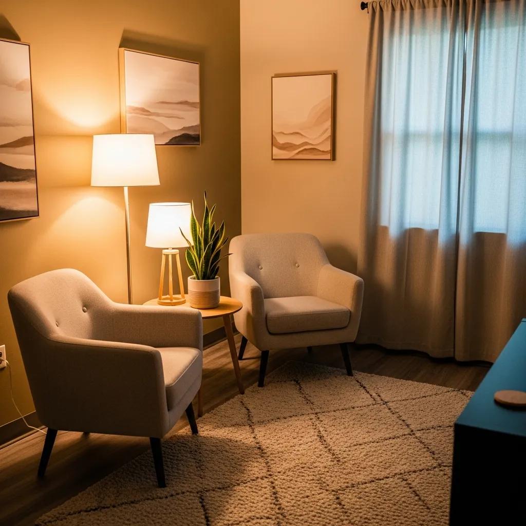 Therapy room designed for compassionate treatment of porn addiction, featuring comfortable seating and calming decor