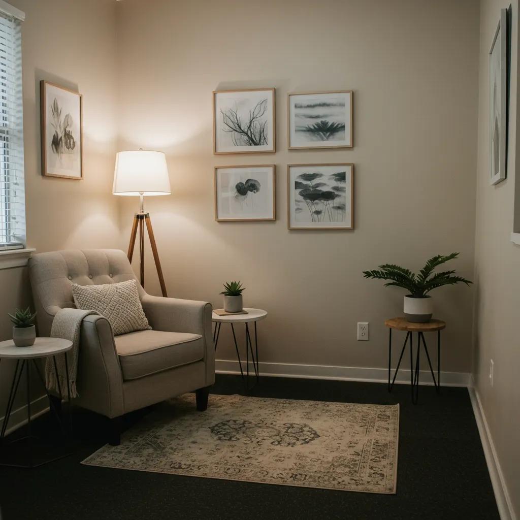 A serene therapy room designed for mental wellness, featuring comfortable seating and calming decor