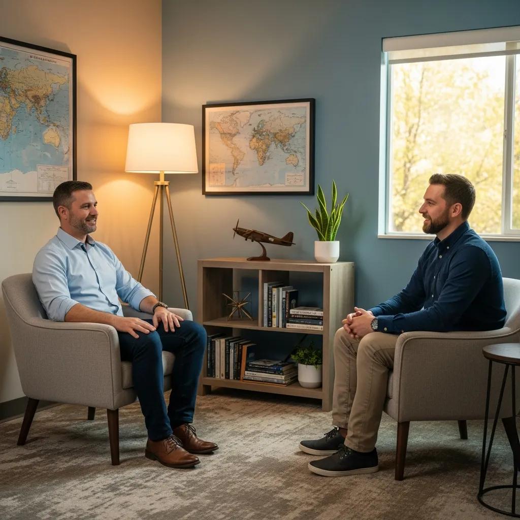 Therapy session for pilots focusing on addiction recovery in a supportive environment