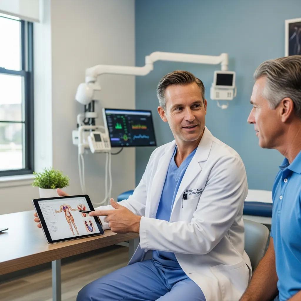 Urologist consulting with a male patient in a modern clinic, showcasing healthcare professionalism