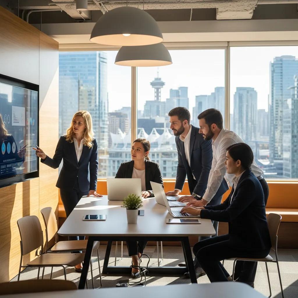 Vancouver business professionals collaborating with technology in a modern office environment