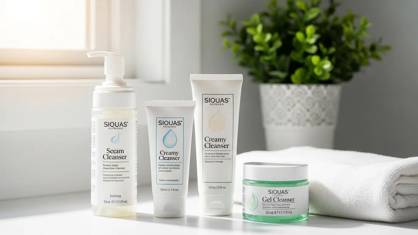 Variety of facial cleansers on a bathroom counter, highlighting options for different skin types