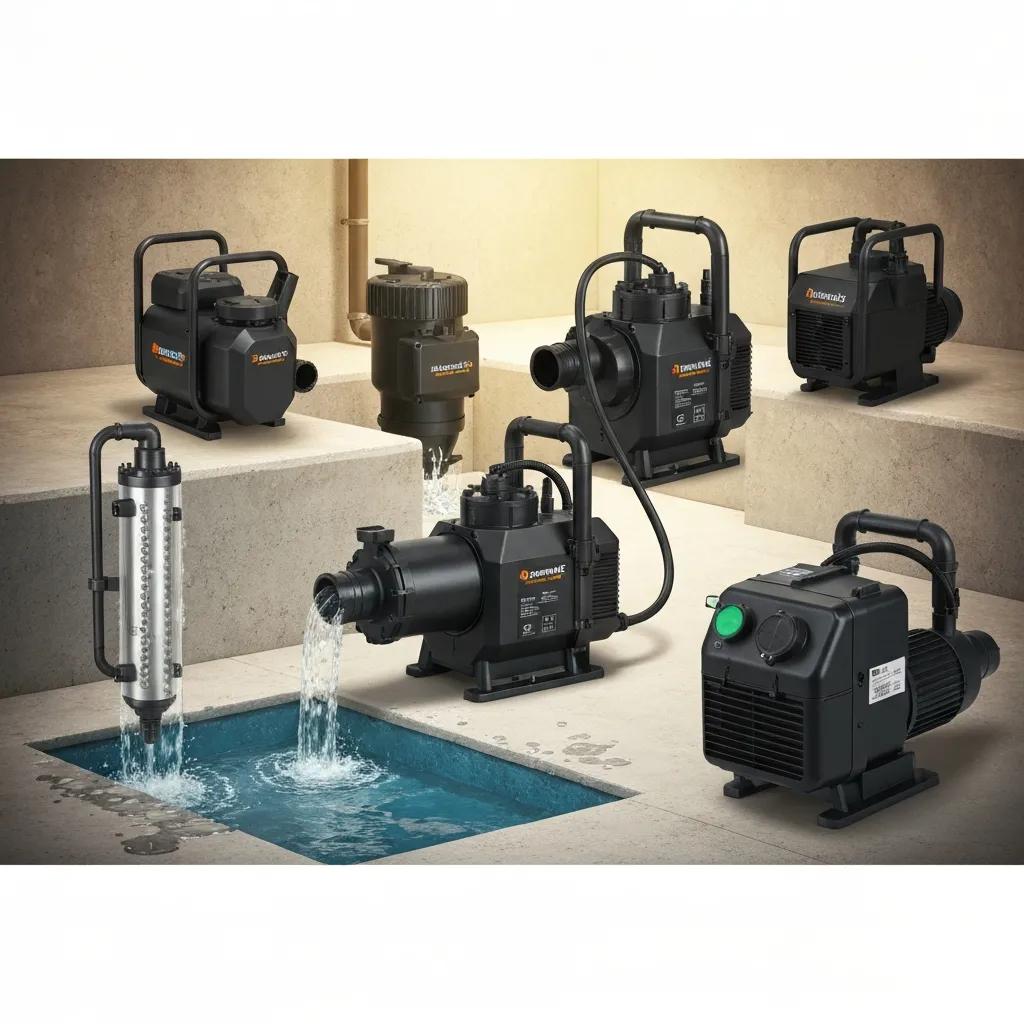 Various sump pump types displayed in a basement setting, illustrating submersible and pedestal models for flood prevention