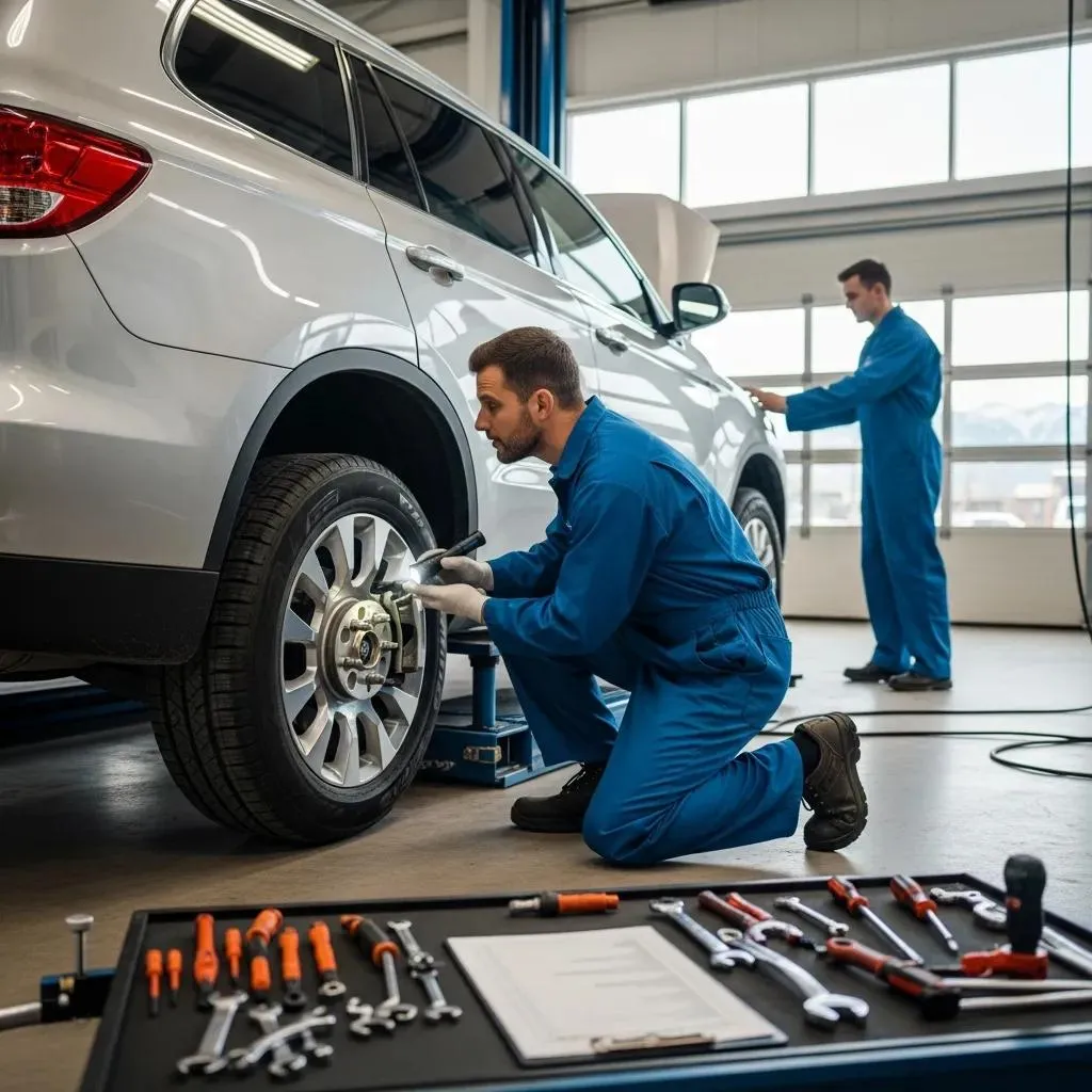 Vehicle inspection in Alberta with a mechanic checking brakes and lights