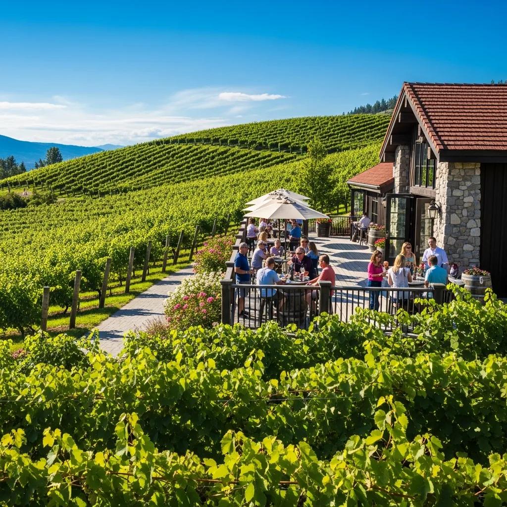 Vibrant vineyard in Okanagan region with people enjoying wine tastings