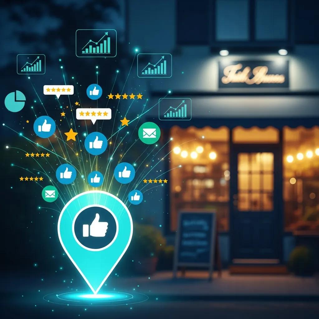 Visual representation of Google reviews with stars and map pin icons affecting a small business's online presence