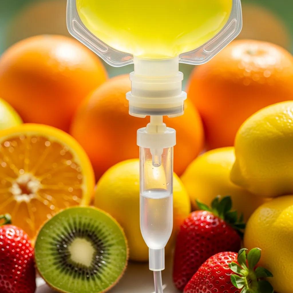 Vitamin C IV bag next to fresh oranges, representing immune support