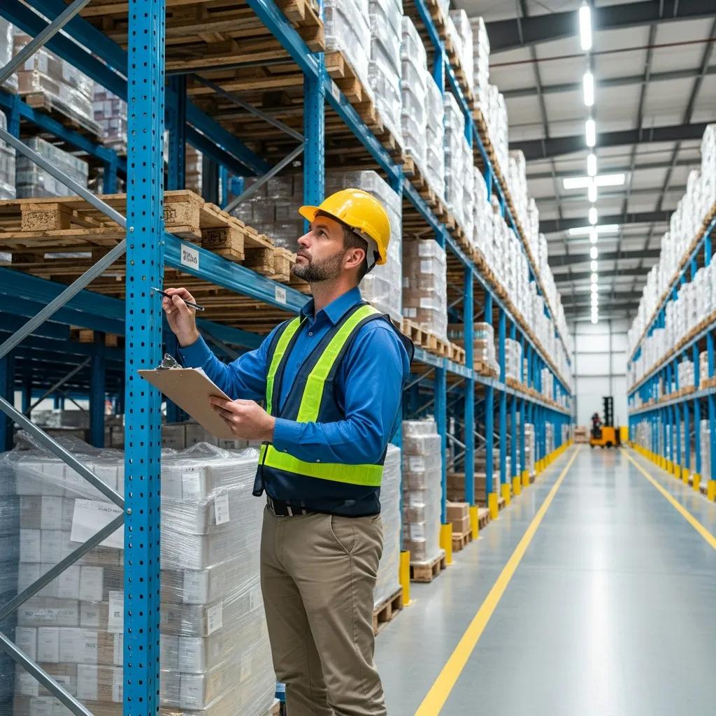 Warehouse inspector examining pallet racks for safety compliance
