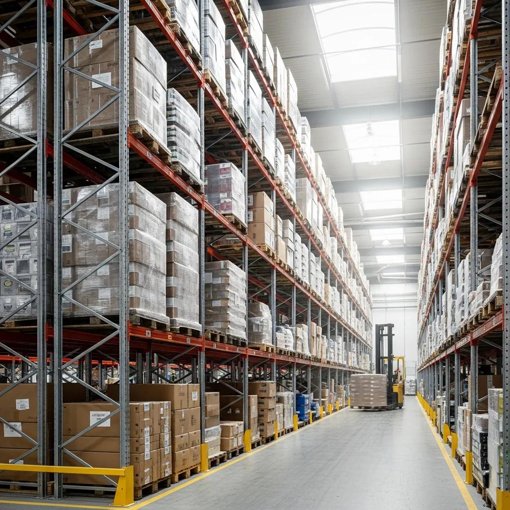 Warehouse interior with organized storage racks emphasizing safety and compliance