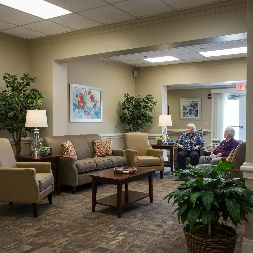 Welcoming assisted living memory care facility with residents engaging in activities