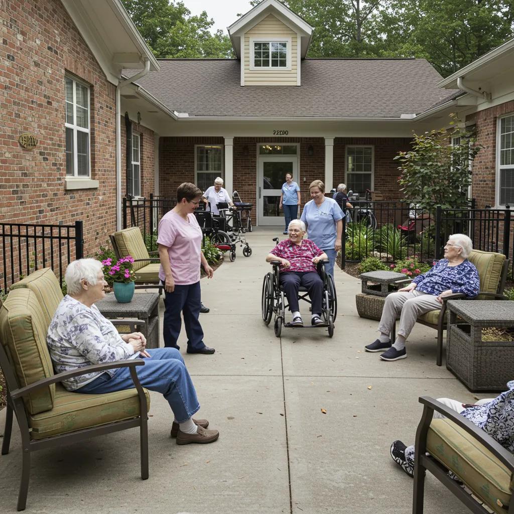 Welcoming memory care facility courtyard with residents and caregivers engaging in activities