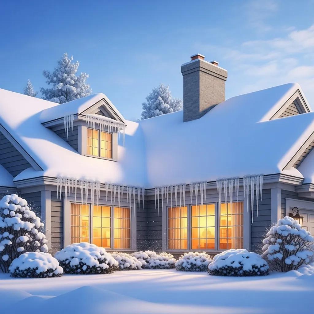 Winter home scene illustrating potential winter damage risks with snow and icicles
