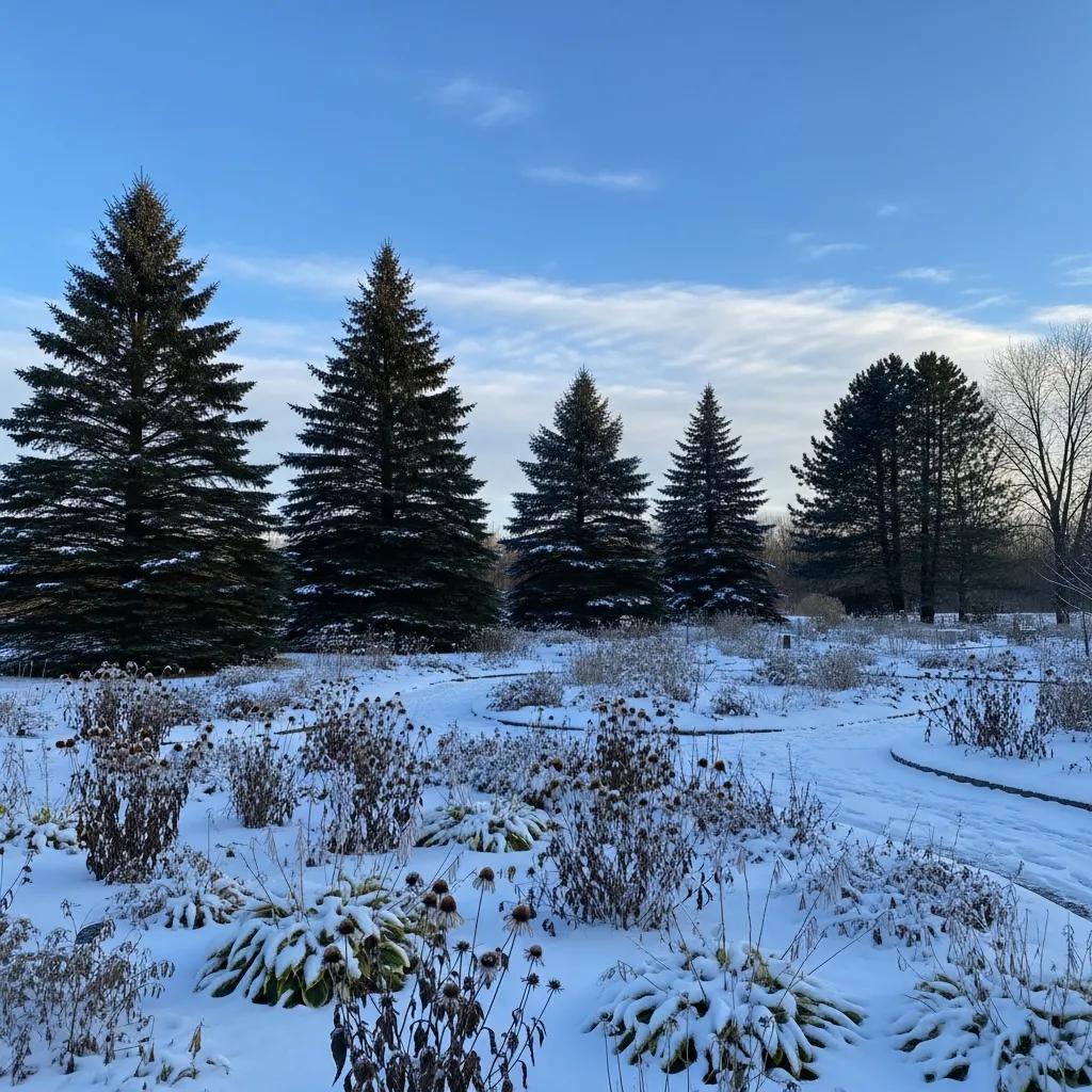 Winter landscape in Wisconsin featuring evergreen trees and perennials under a light snow