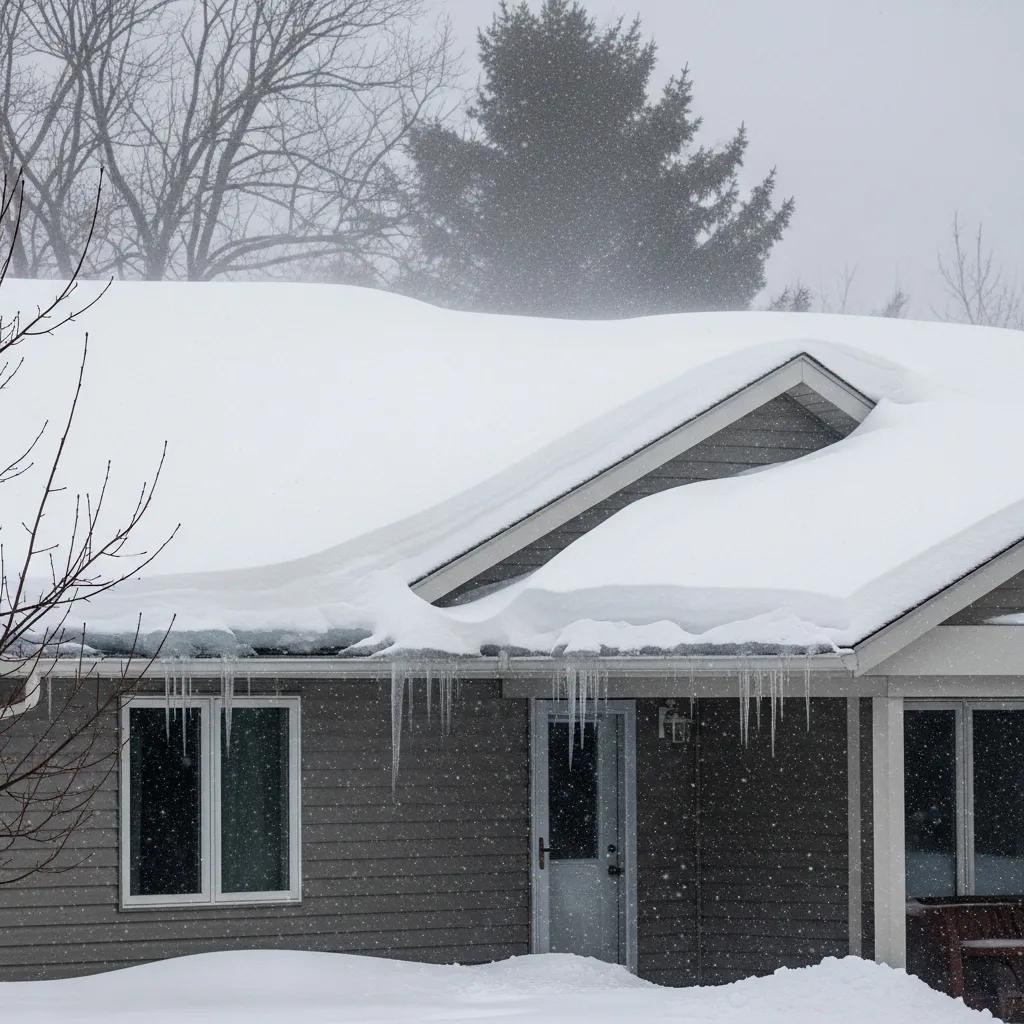 Winter storm scene with heavy snowfall and ice dams on a residential roof