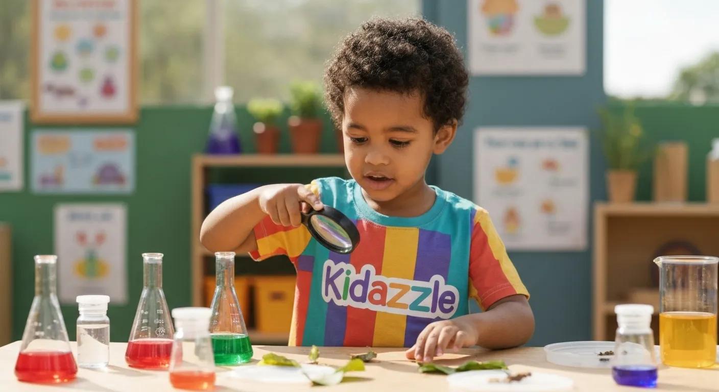 “Create a bright, realistic image of a preschool-aged child (around 4 years old, diverse background) wearing a colorful Kidazzle t-shirt, exploring science through play. The child is using a magnifying glass to look at leaves or insects on a table covered with child-safe science tools — beakers, water droppers, and colored liquids. The setting is a cheerful Kidazzle classroom or outdoor learning area with natural light, soft colors, and educational posters in the background. Mood: curious, joyful, and full of discovery. Photorealistic 4K quality.