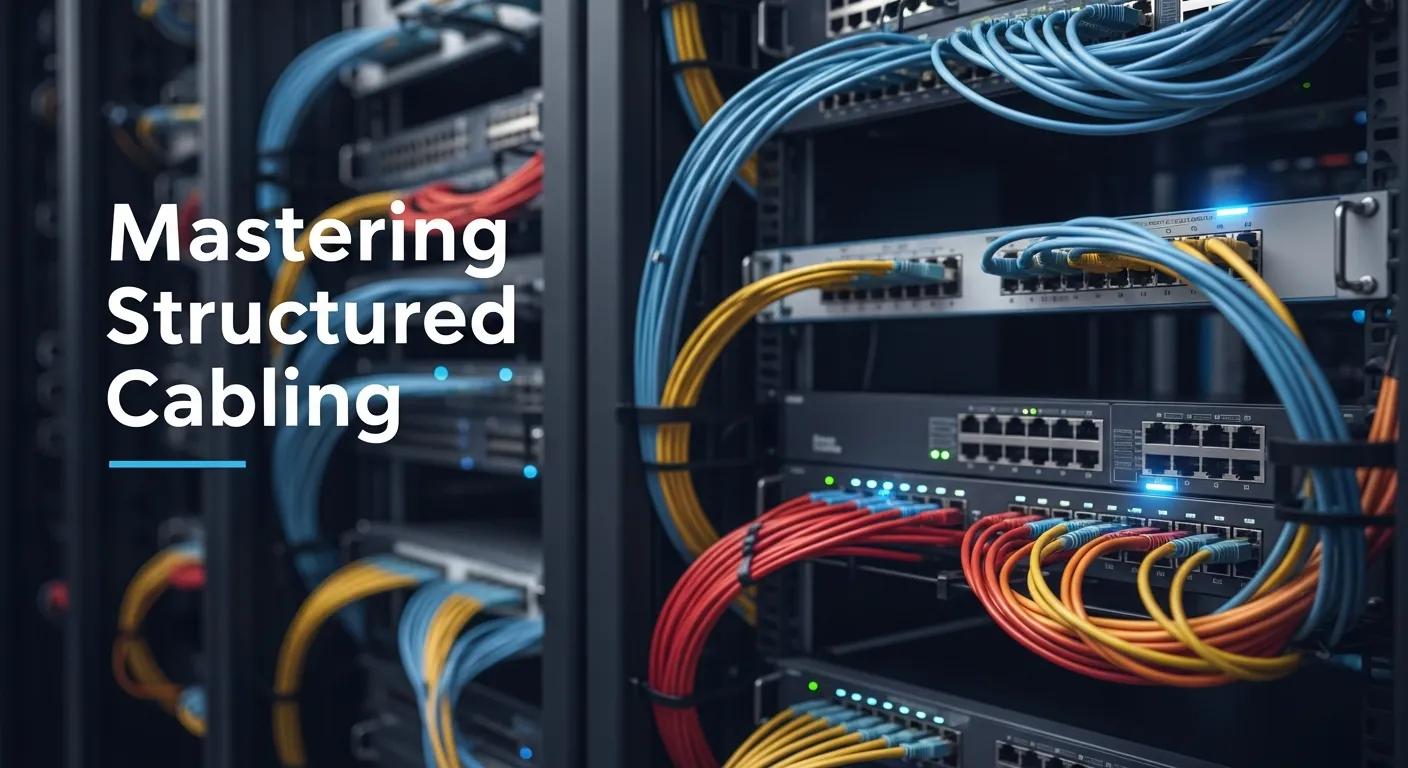 Technician installing structured cabling in a commercial rack