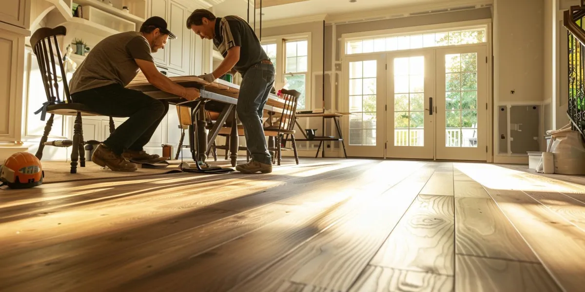 two men installing sleek wooden flooring